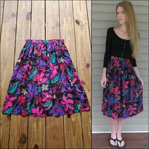 Vintage 80's 90's M black pink floral midi skirt